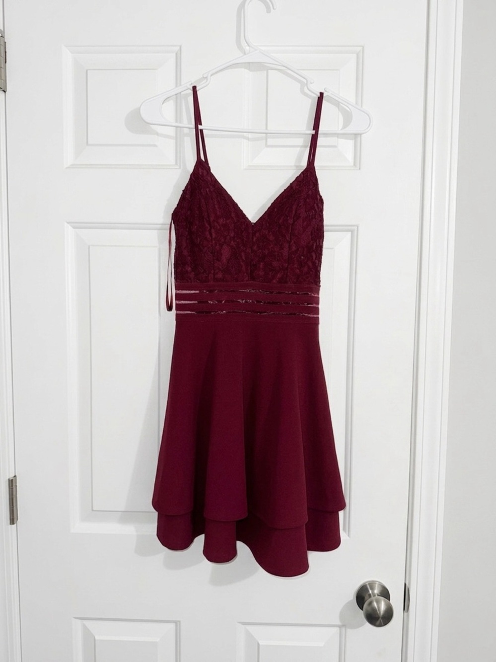 Spaghetti Strap Lace Bodice Skater Dress - Wine